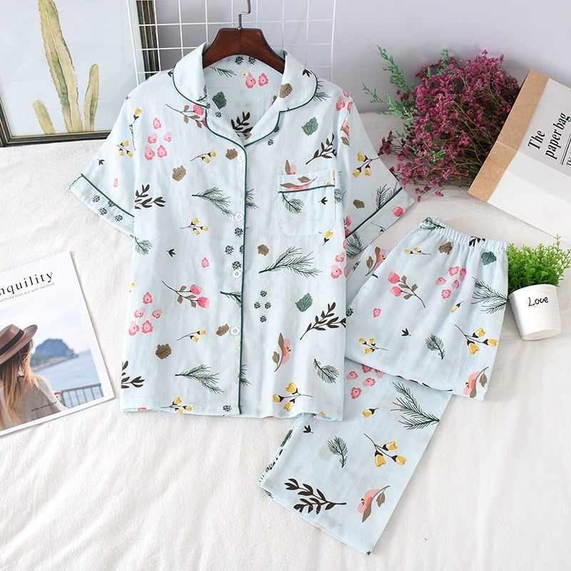 Cute simple 100% cotton gauze short pajamas set - FabFemina