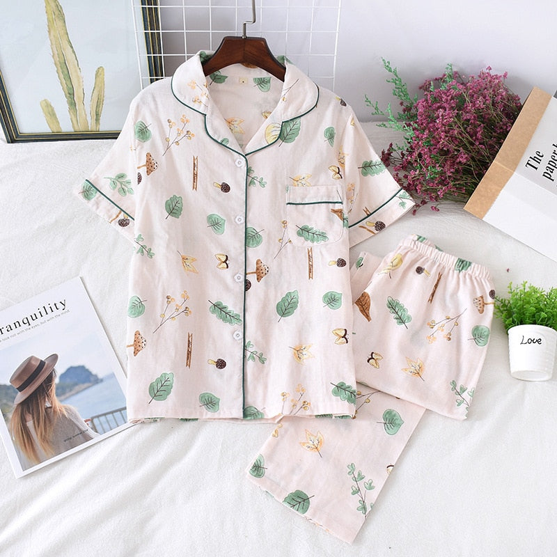 Cute simple 100% cotton gauze short pajamas set - FabFemina
