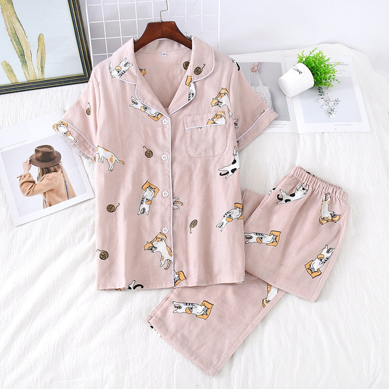 Cute simple 100% cotton gauze short pajamas set - FabFemina