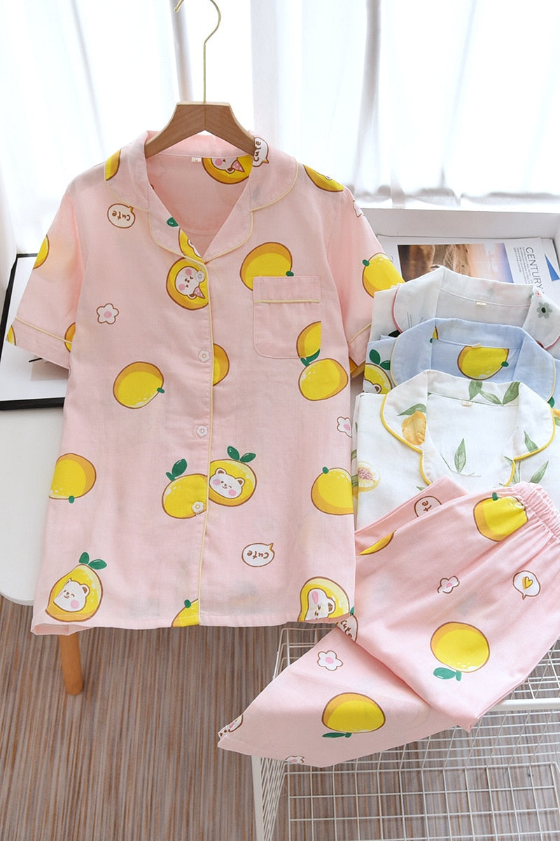 Cute simple 100% cotton gauze short pajamas set - FabFemina