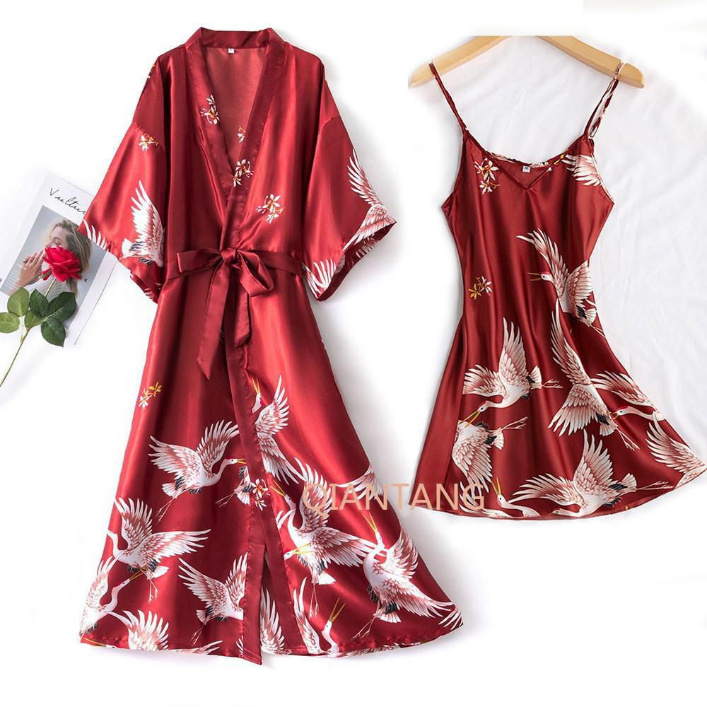 Summer Mini Kimono Sleepwear Silk Nightdress and Robe - FabFemina