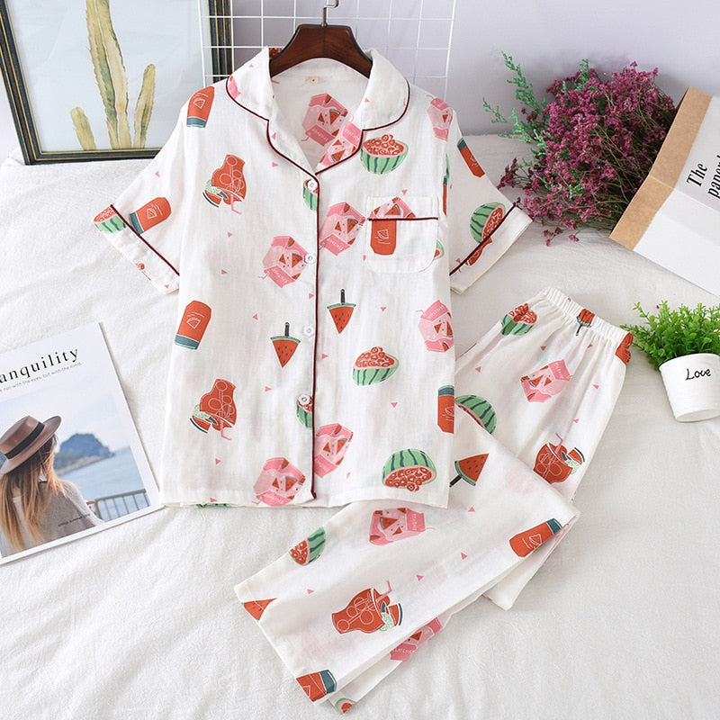 Cute simple 100% cotton gauze short pajamas set - FabFemina