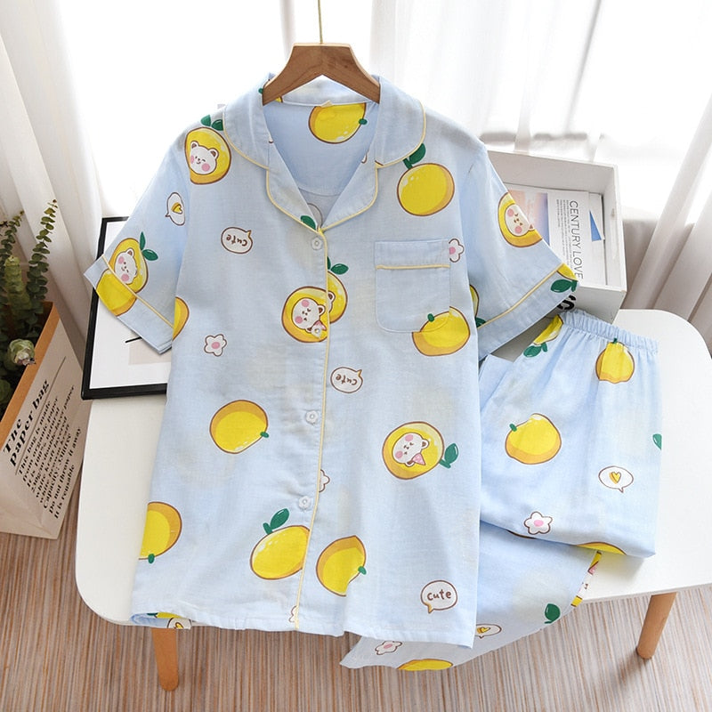 Cute simple 100% cotton gauze short pajamas set - FabFemina