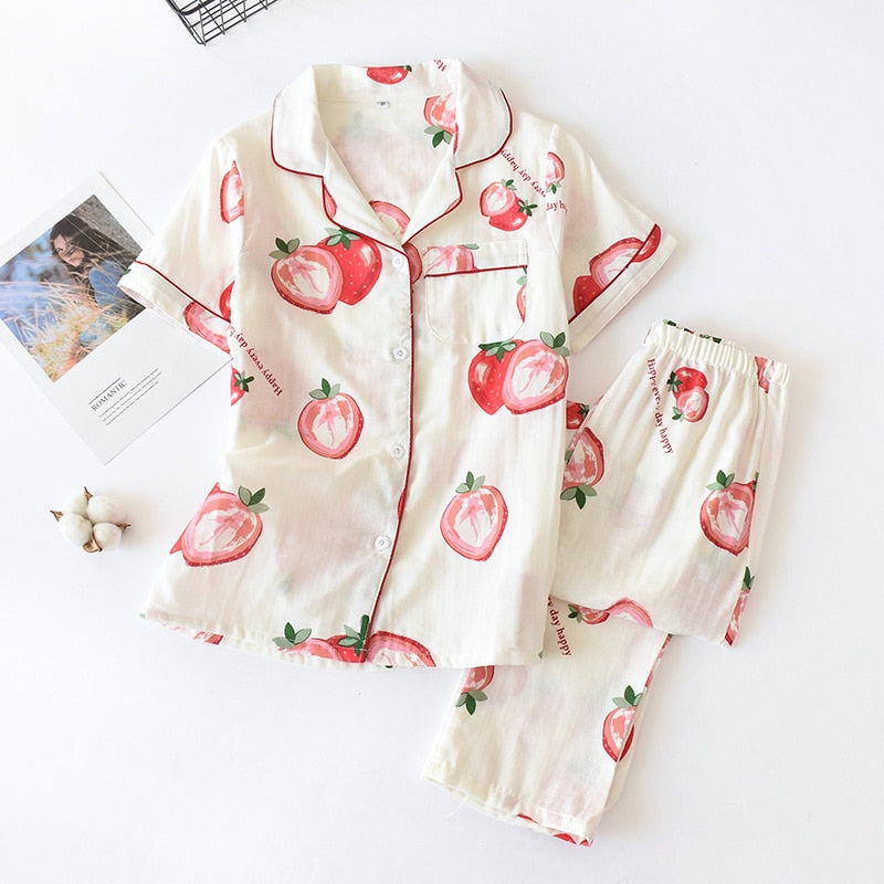 Cute simple 100% cotton gauze short pajamas set - FabFemina