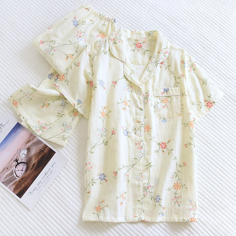 Cute simple 100% cotton gauze short pajamas set - FabFemina