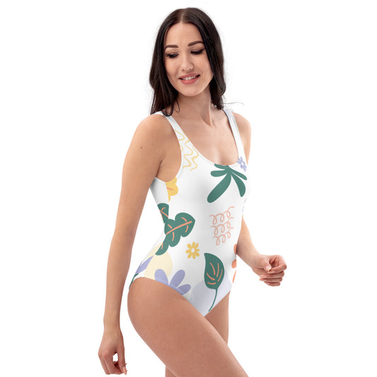 Floral Leaf Print One-Piece Swimsuit - FabFemina