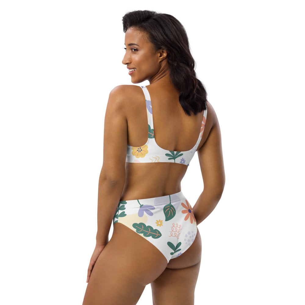 Floral Leaf Print Recycled high-waisted bikini - FabFemina