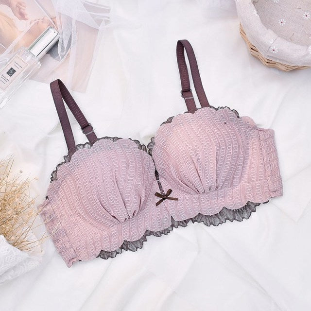 Lace Push Up Bra with Underwire Sexy Cute Bow Adjustable Straps - FabFemina