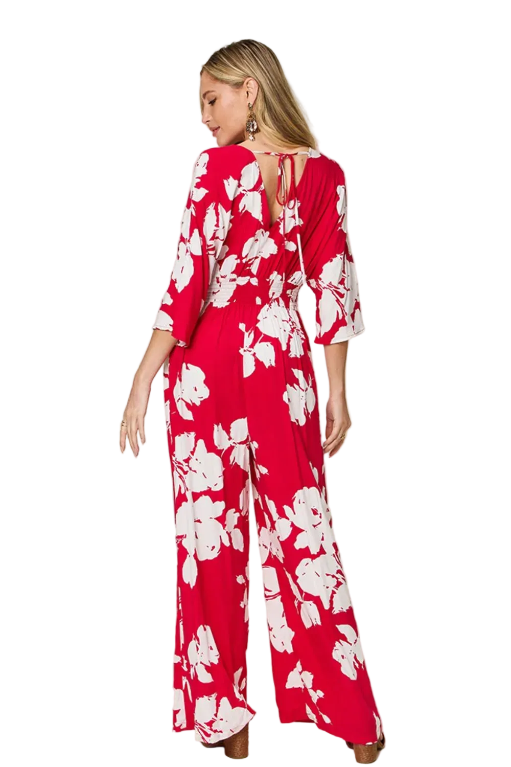 Double Take Full Size Printed Tie Back Wide Leg Jumpsuit