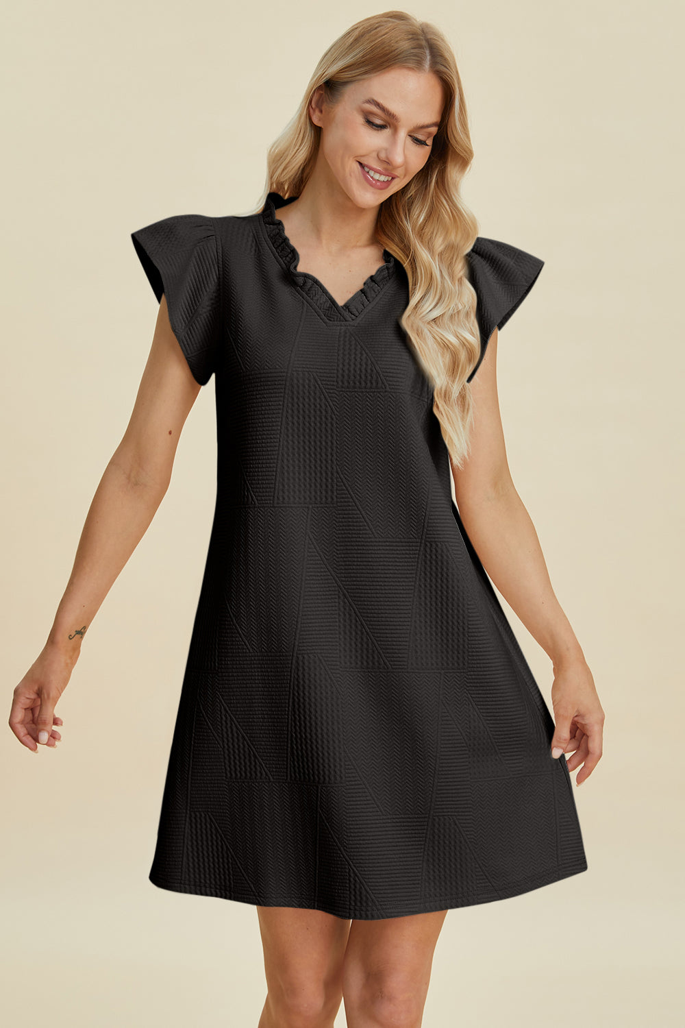 Double Take Full Size Ruffled V-Neck Cap Sleeve Dress - FabFemina