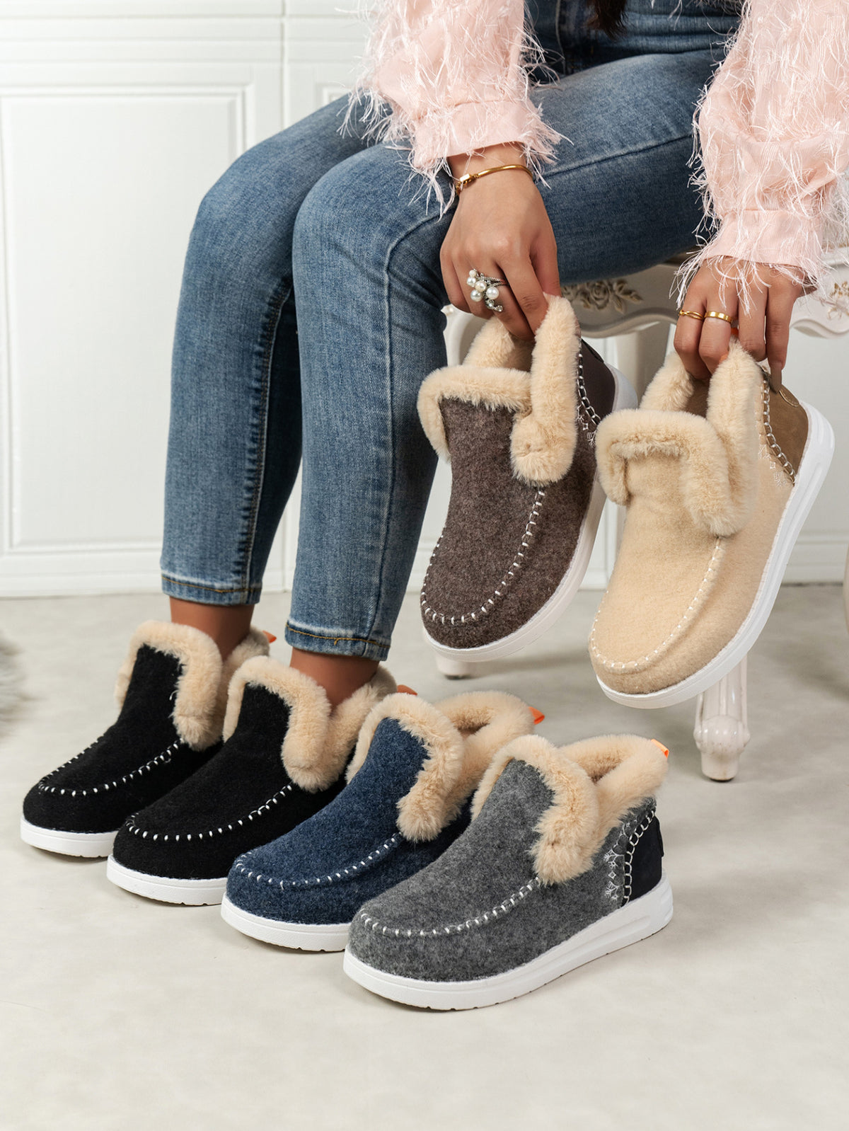 Furry Suede Round Toe Flat Sneakers - FabFemina