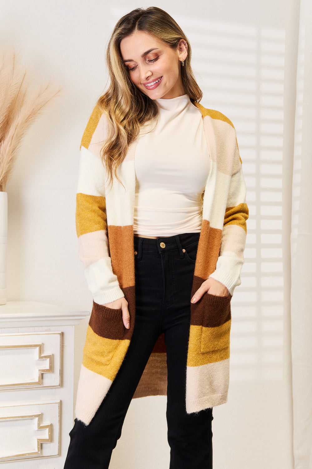 Woven Right Color Block Dropped Shoulder Cardigan - FabFemina