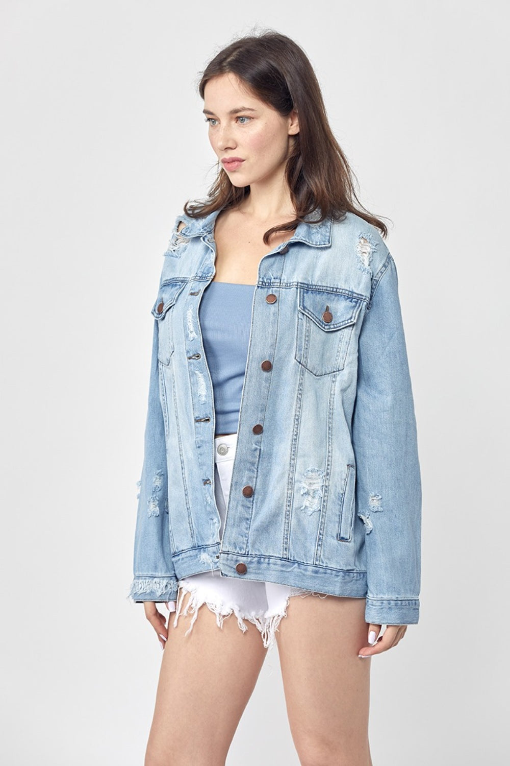 RISEN Full Size Distressed Long Sleeve Denim Jacket - FabFemina