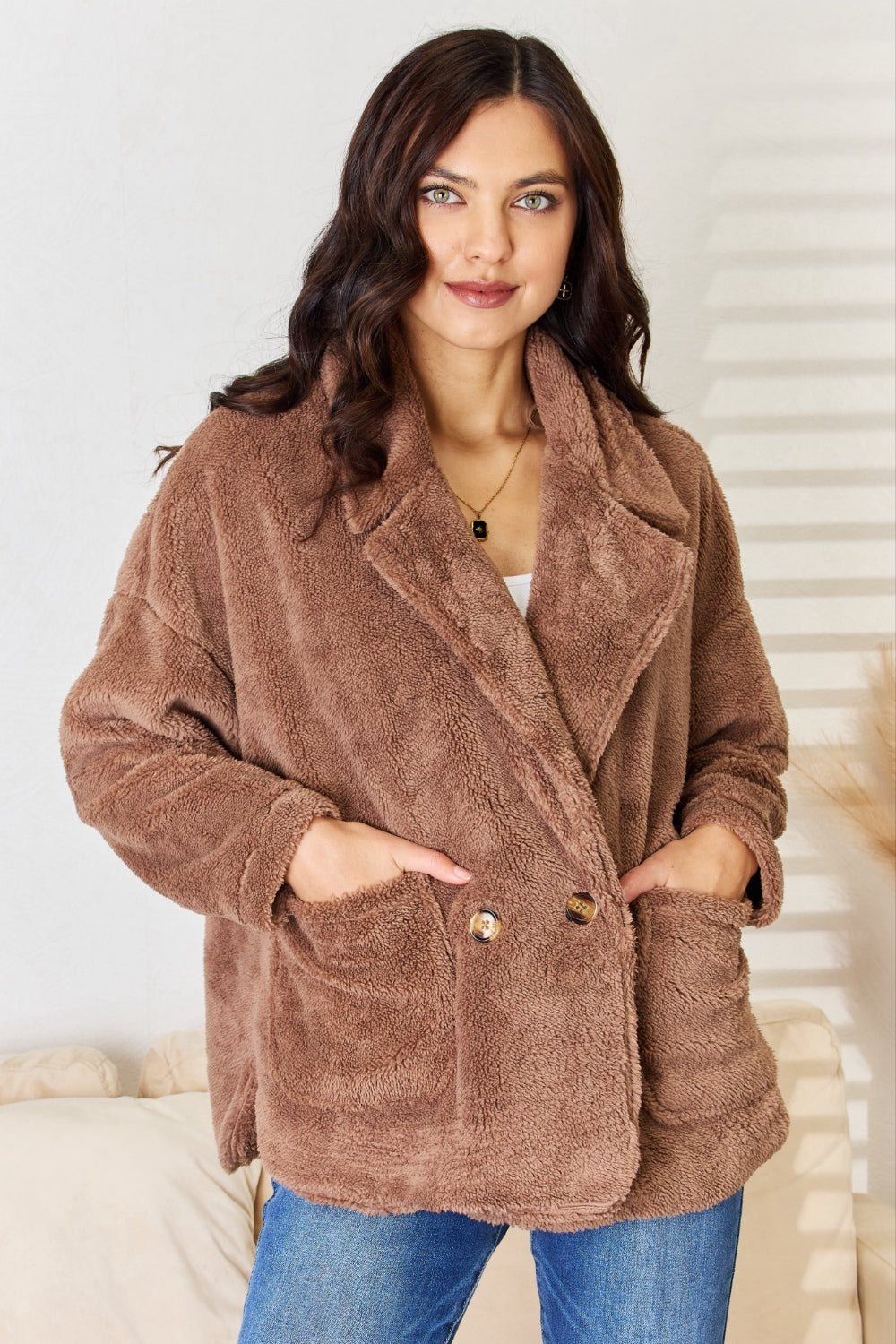 Culture Code Double Breasted Fuzzy Coat - FabFemina