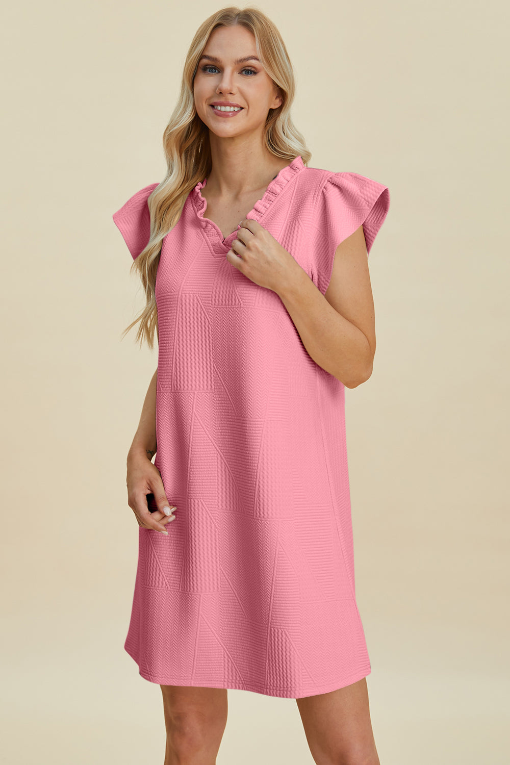Double Take Full Size Ruffled V-Neck Cap Sleeve Dress - FabFemina