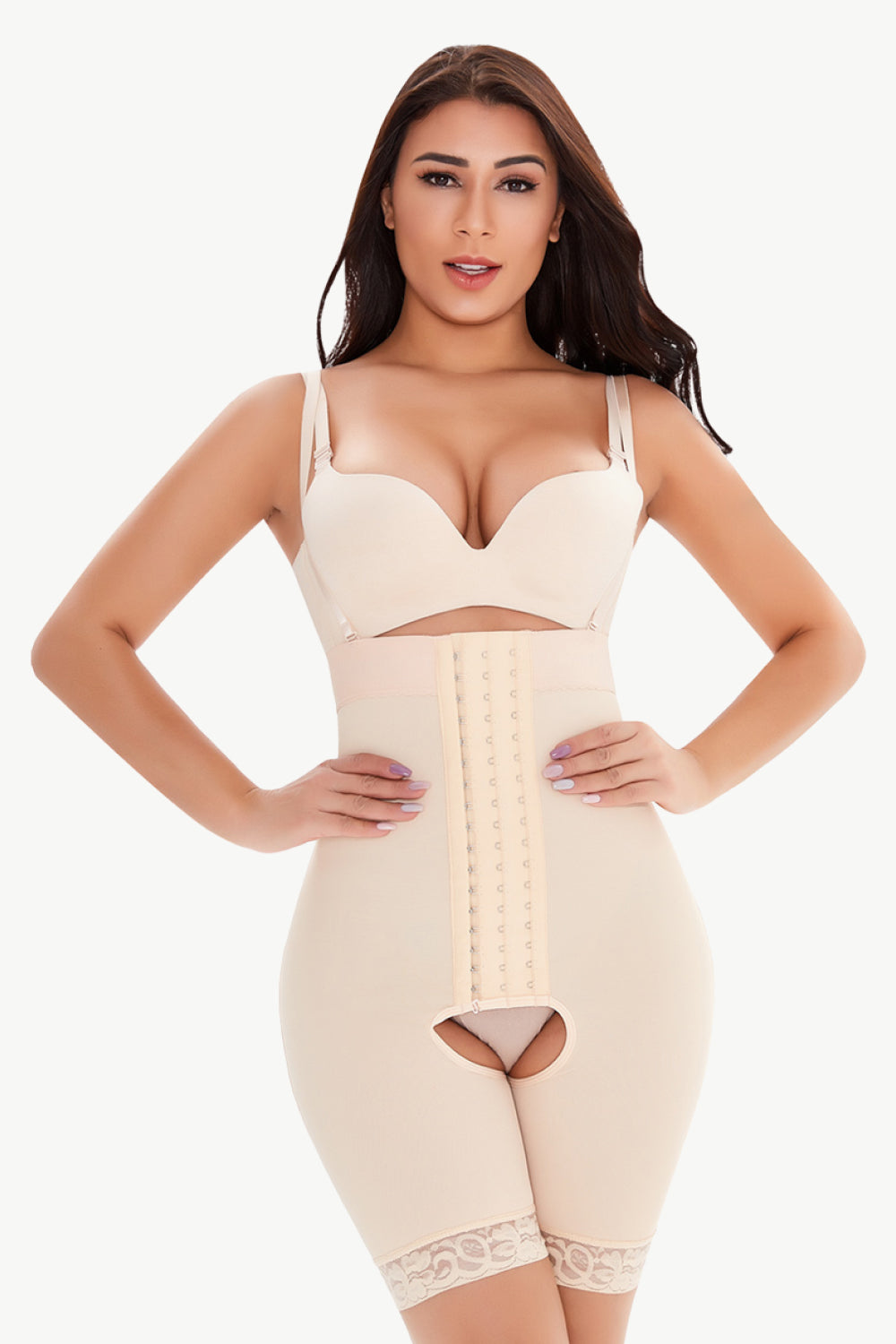 Full Size Hook-and-Eye Lace Trim Shaping Bodysuit - FabFemina