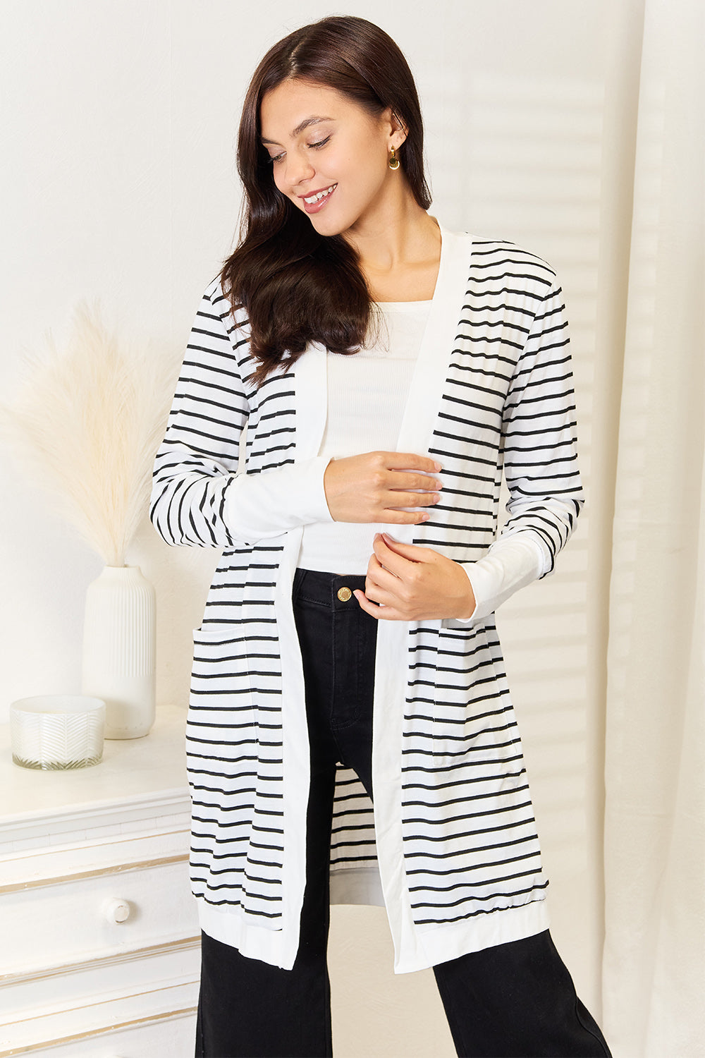 Double Take Striped Open Front Longline Cardigan - FabFemina
