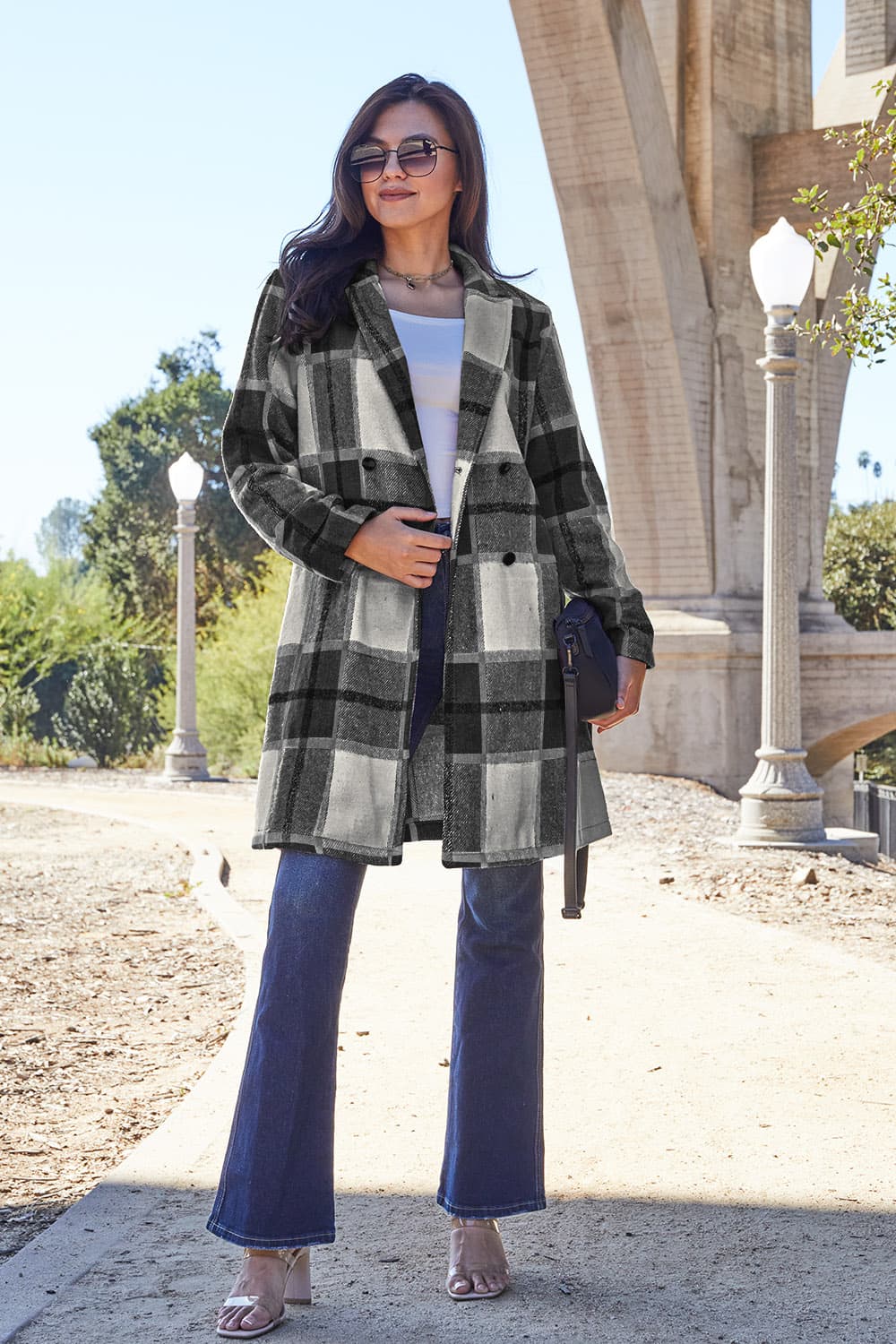 Double Take Full Size Plaid Button Up Lapel Collar Coat - FabFemina