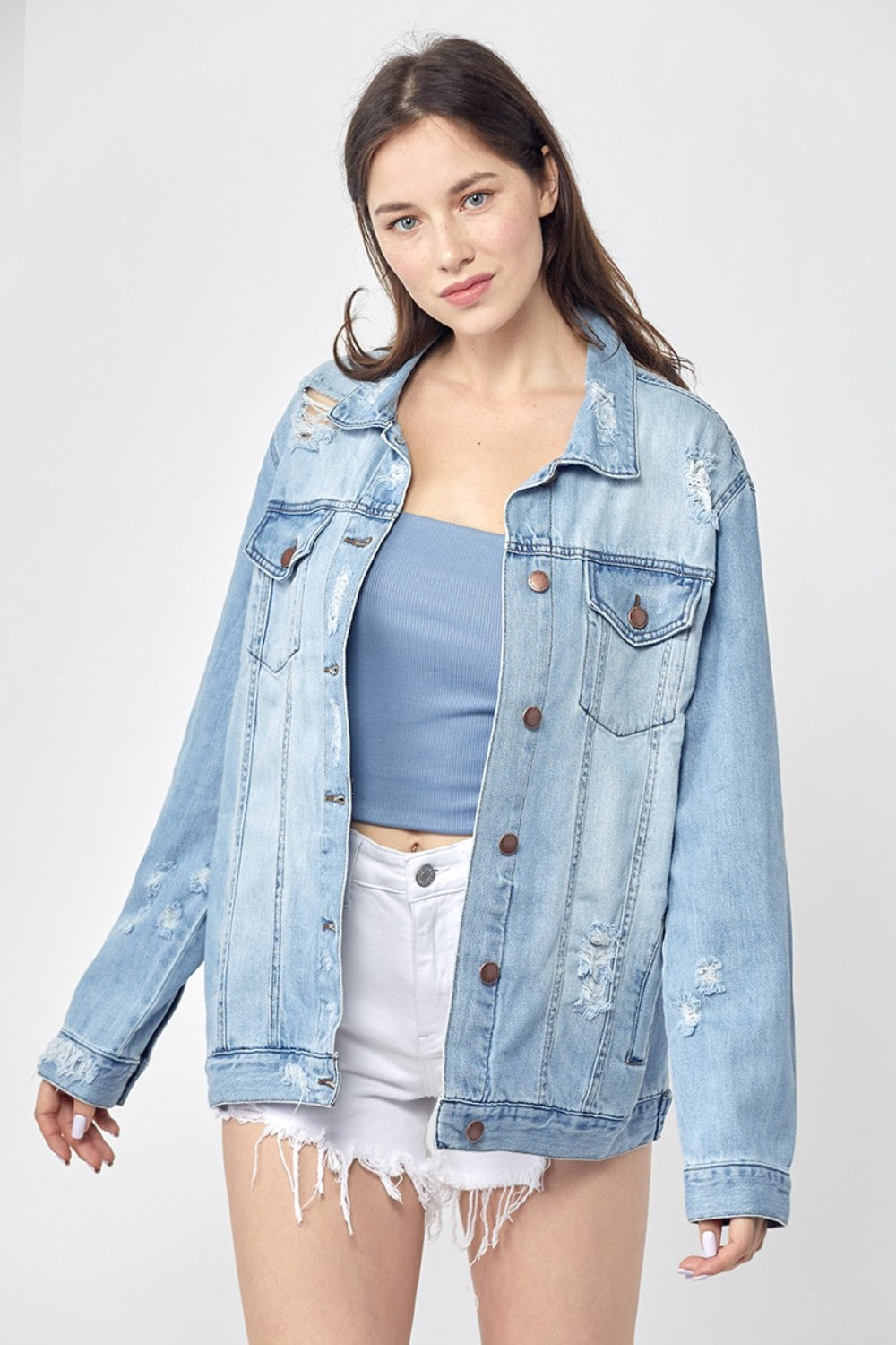 RISEN Full Size Distressed Long Sleeve Denim Jacket - FabFemina