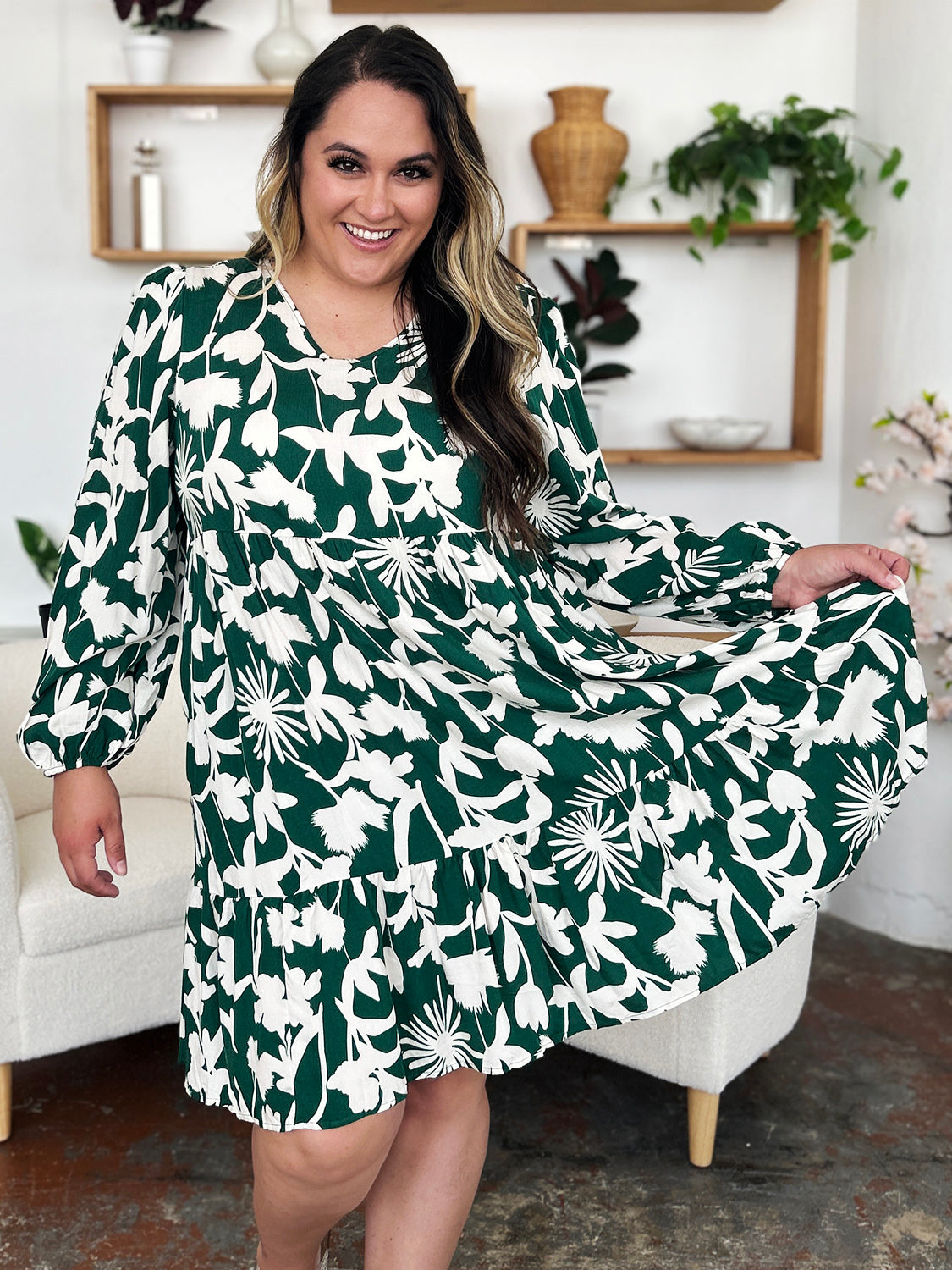 Double Take Full Size Printed Ruffle Hem Dress with Pocket - FabFemina