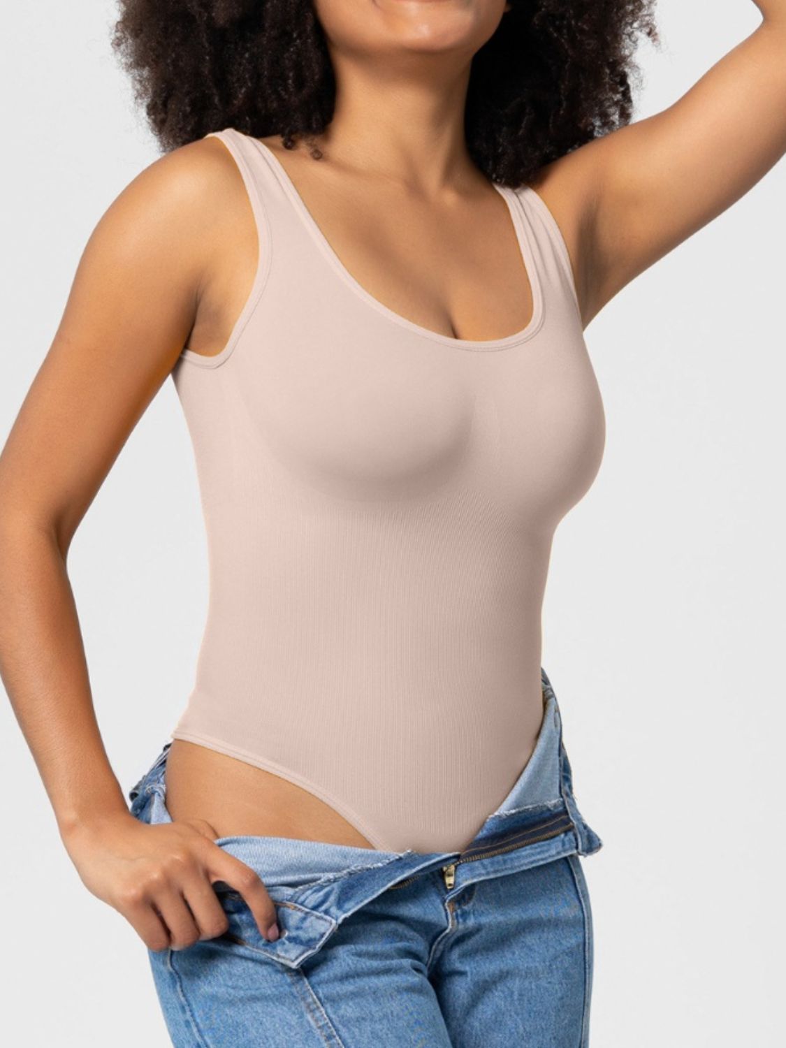 Scoop Neck Wide Strap Shaping Bodysuit - FabFemina
