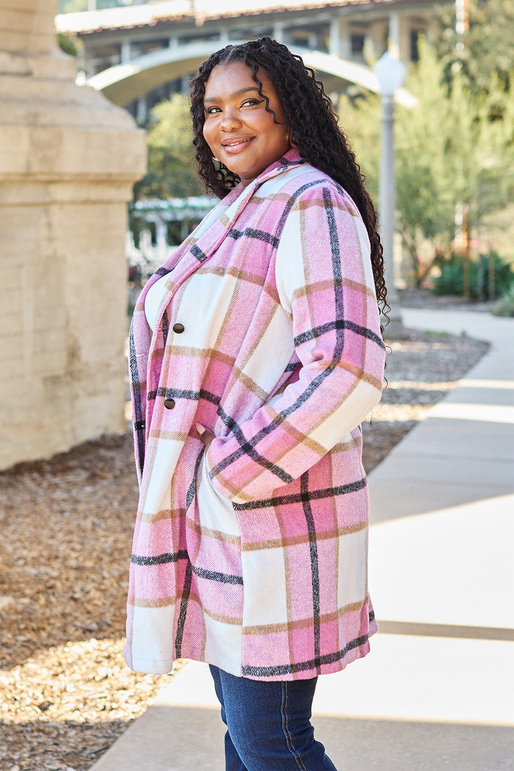 Double Take Full Size Plaid Button Up Lapel Collar Coat - FabFemina