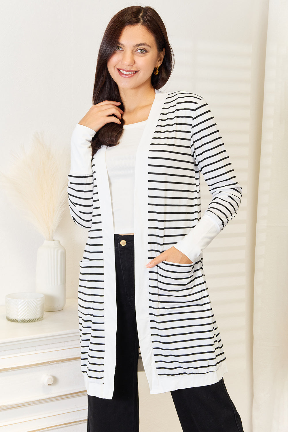 Double Take Striped Open Front Longline Cardigan - FabFemina