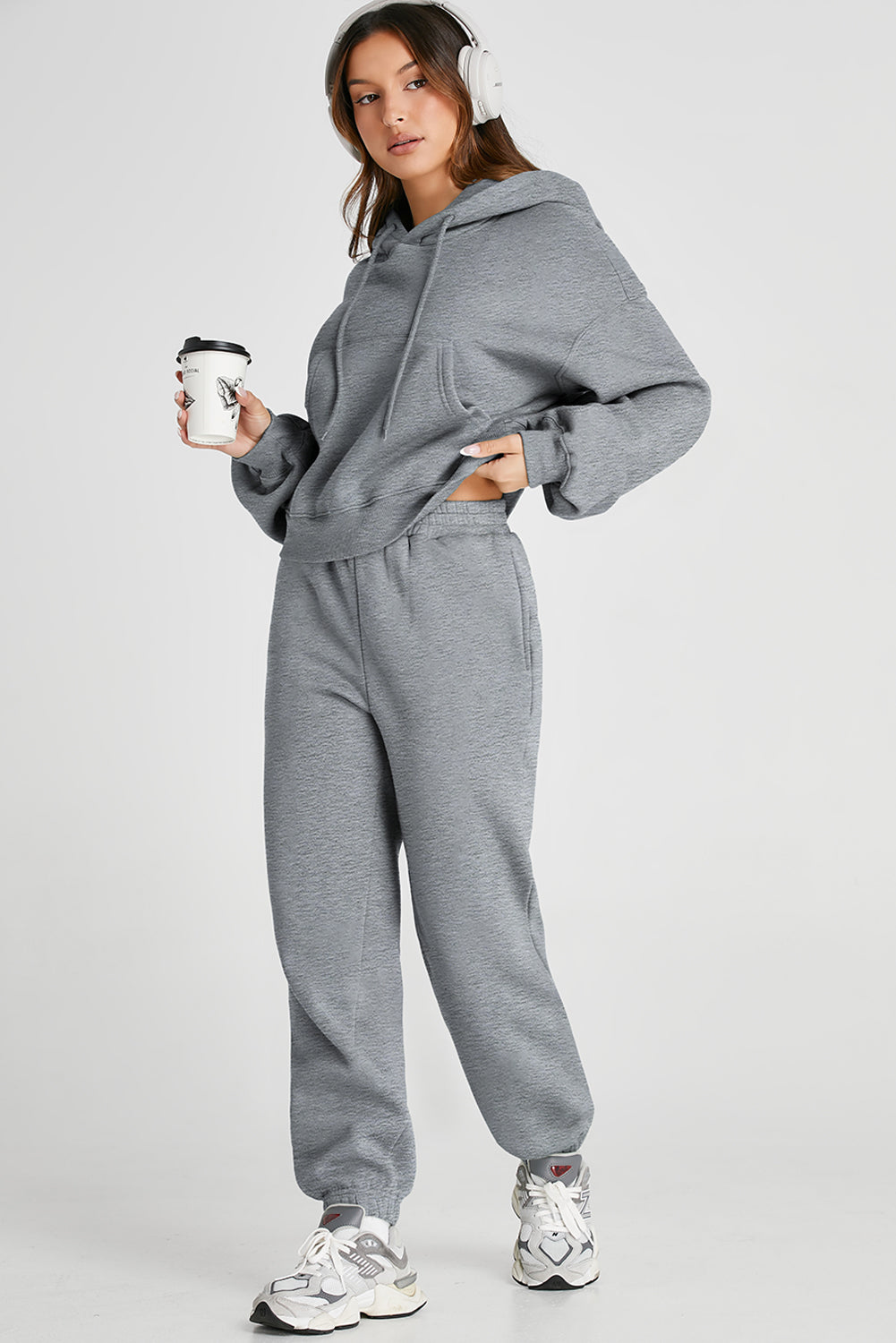 Dropped Shoulder Hooded Top and Pants Active Set - FabFemina