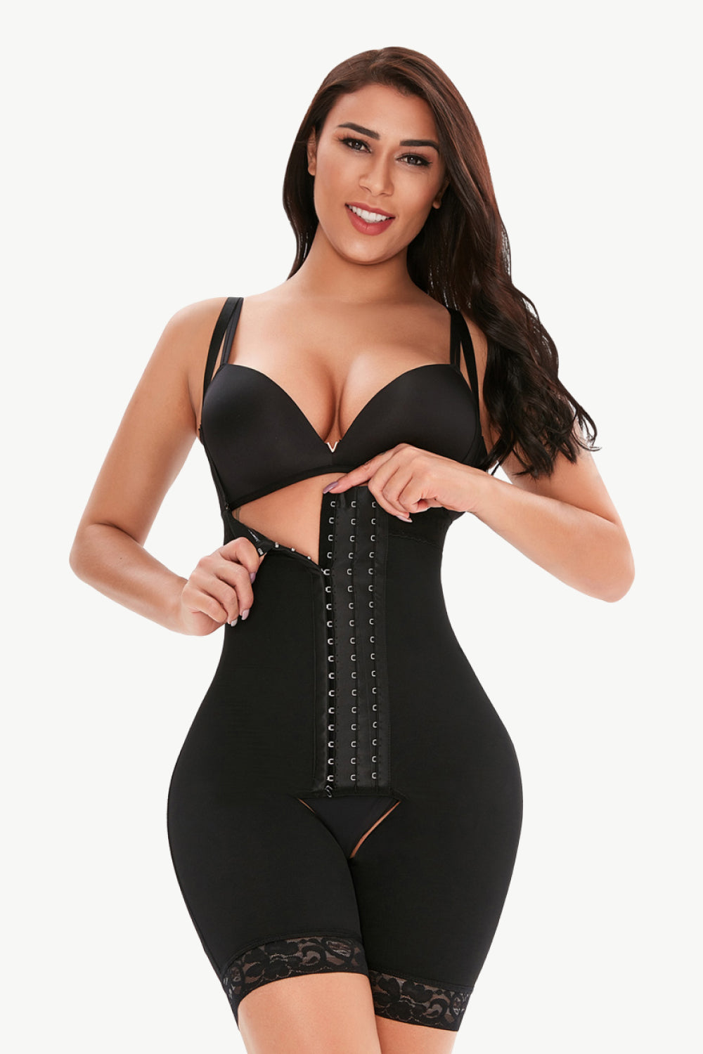 Full Size Hook-and-Eye Lace Trim Shaping Bodysuit - FabFemina