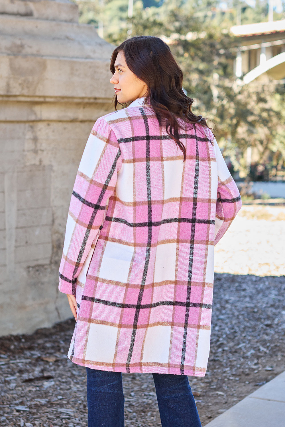 Double Take Full Size Plaid Button Up Lapel Collar Coat - FabFemina