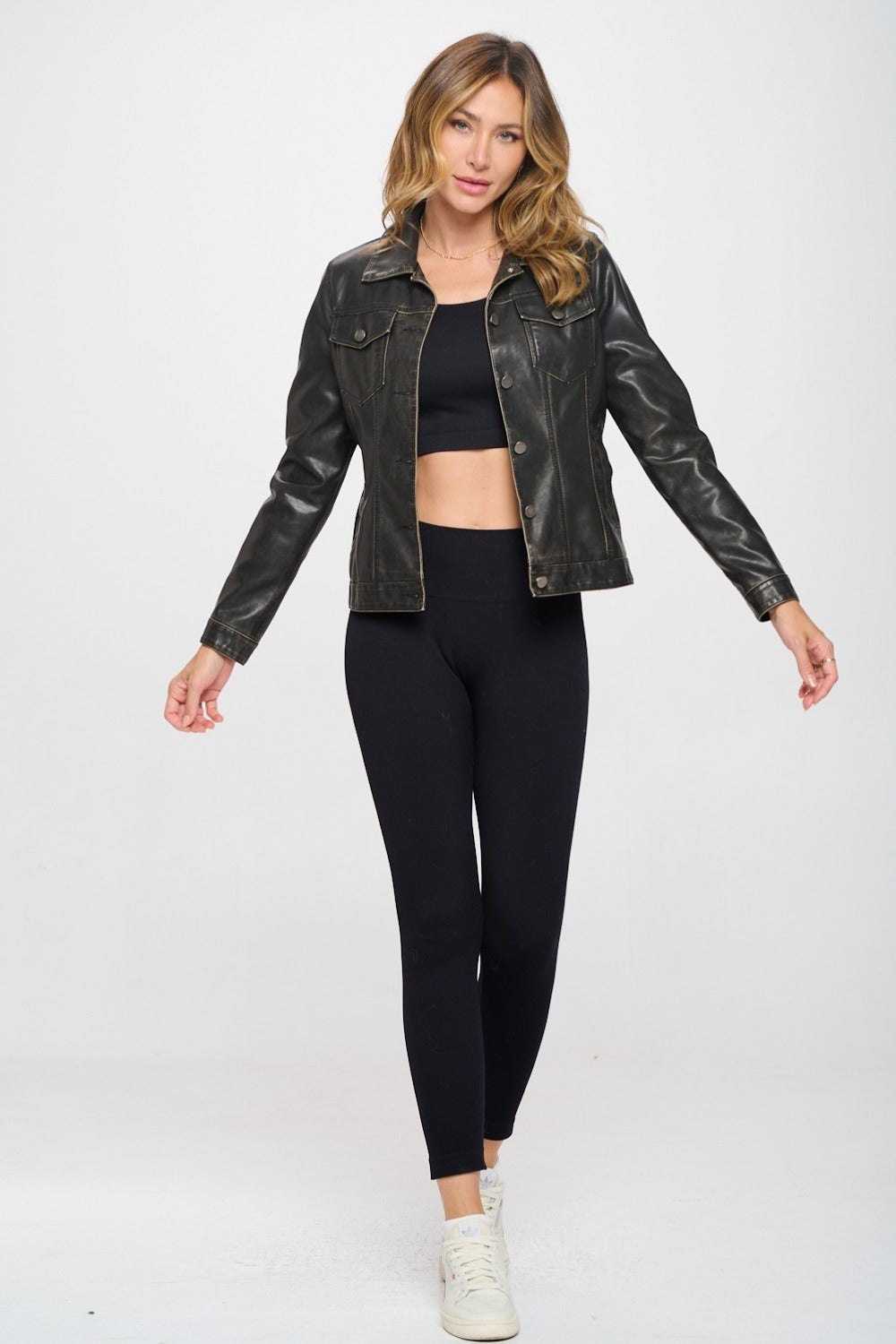 Coalition LA Button Down Cargo Vegan Leather Shacket - FabFemina