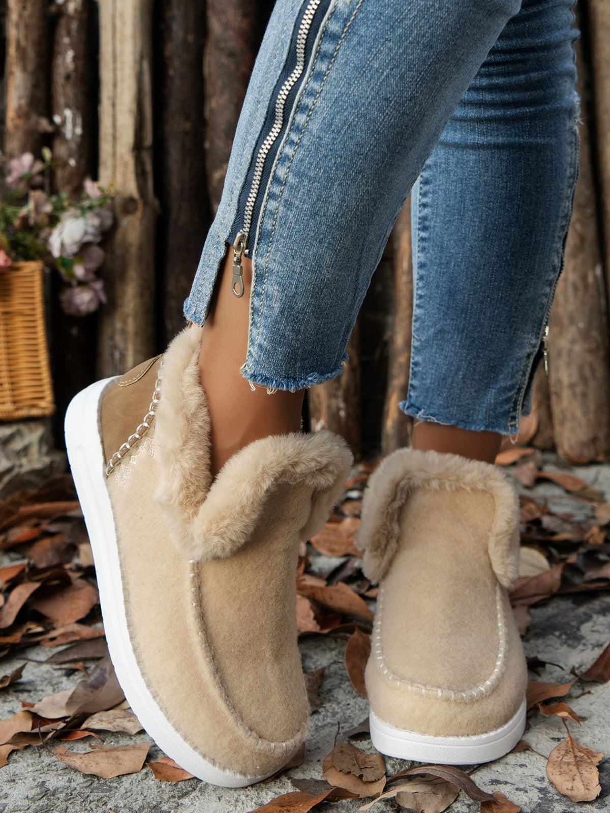 Furry Suede Round Toe Flat Sneakers - FabFemina