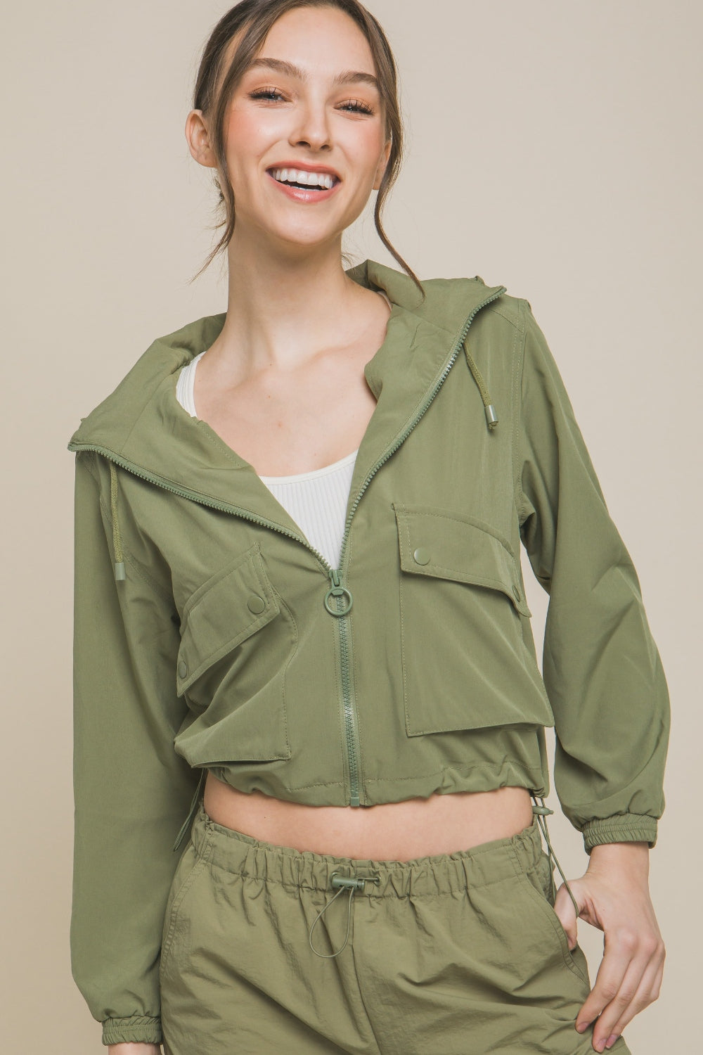 Love Tree Drawstring Hem Hooded Zip-Up Jacket - FabFemina