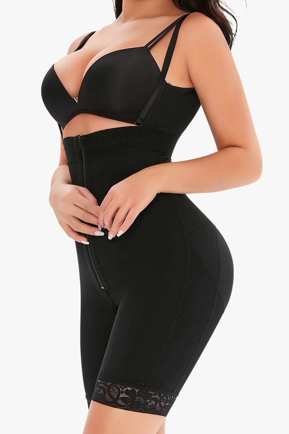 Full Size Lace Detail Zip-Up Under-Bust Shaping Bodysuit - FabFemina