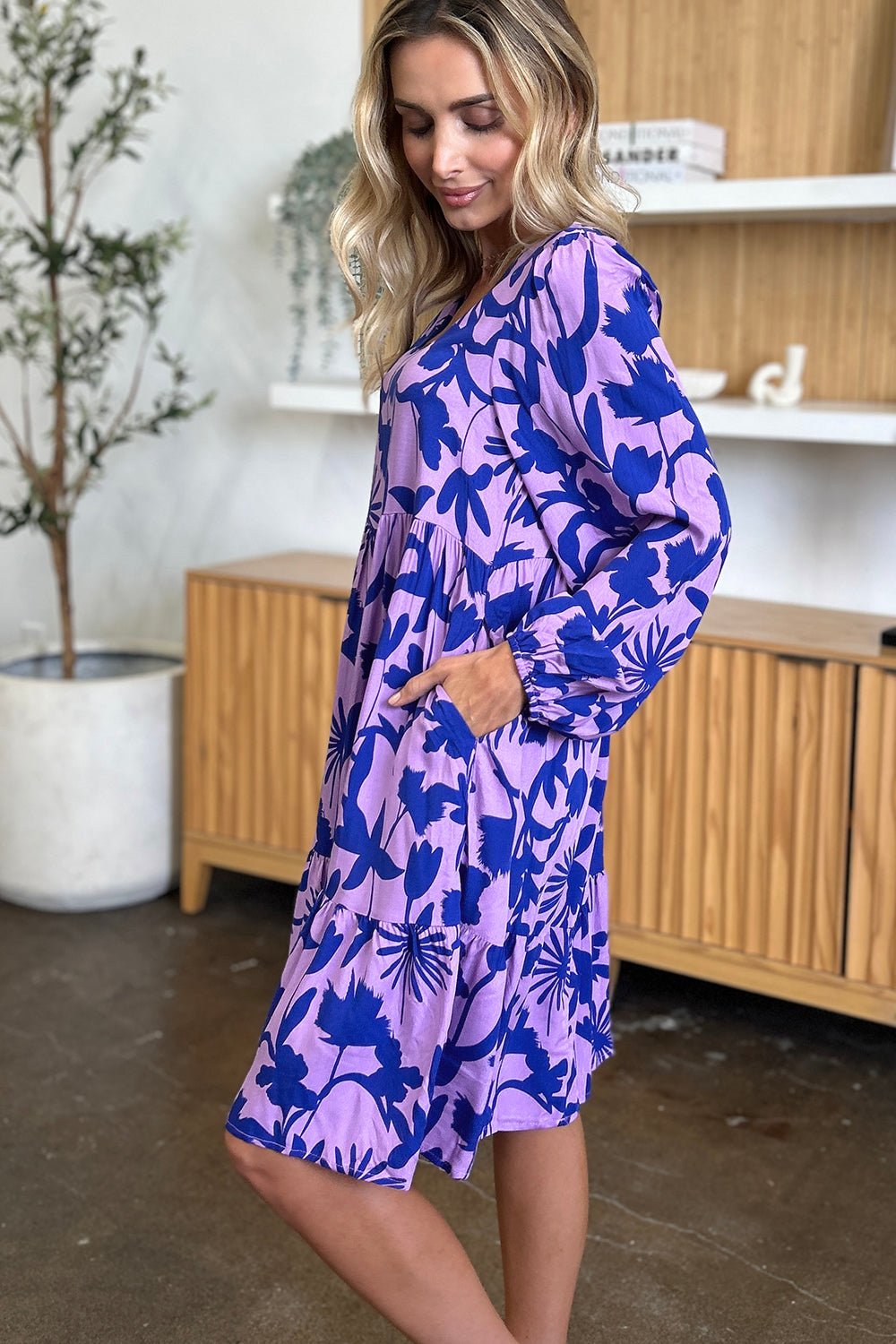Double Take Full Size Printed Ruffle Hem Dress with Pocket - FabFemina