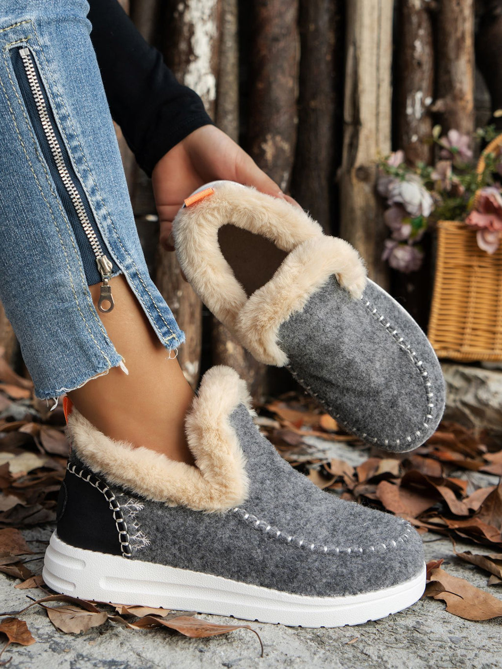 Furry Suede Round Toe Flat Sneakers - FabFemina