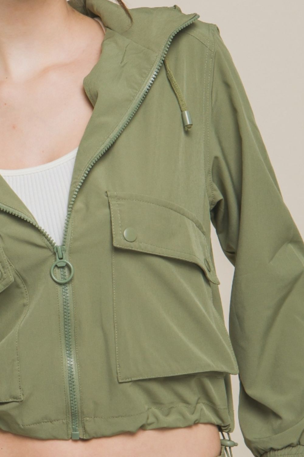 Love Tree Drawstring Hem Hooded Zip-Up Jacket - FabFemina