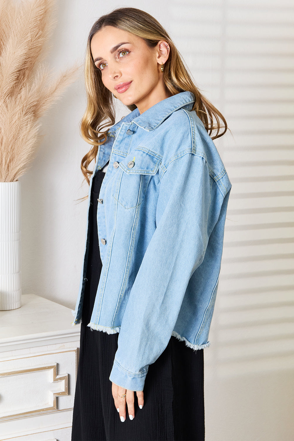 Double Take Dropped Shoulder Raw Hem Denim Jacket - FabFemina