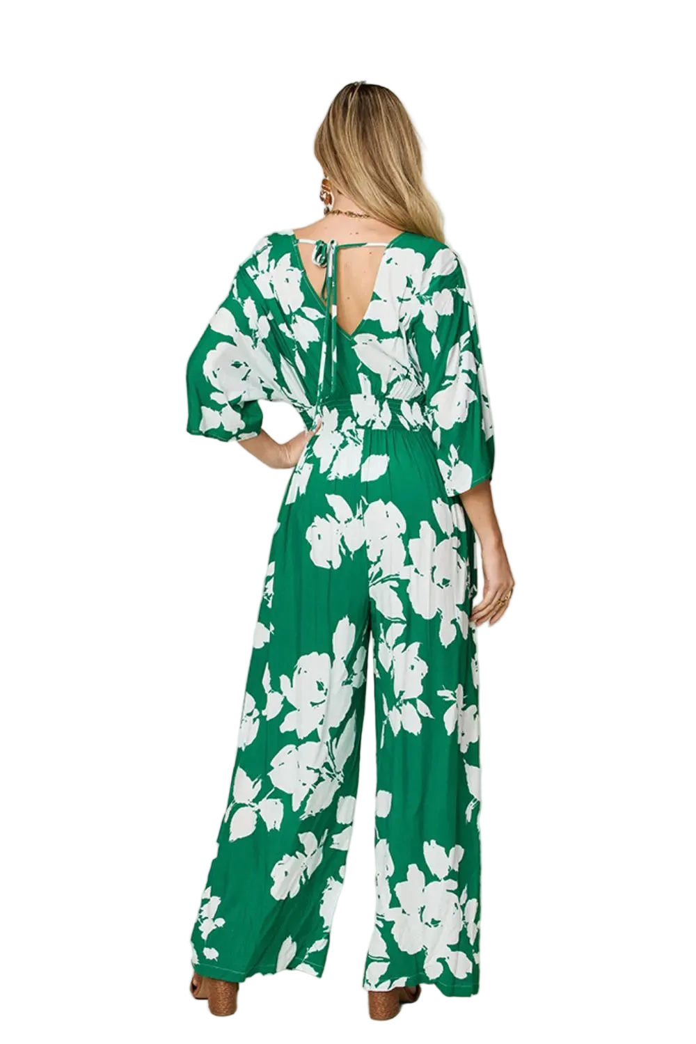 Double Take Full Size Printed Tie Back Wide Leg Jumpsuit