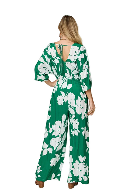 Double Take Full Size Printed Tie Back Wide Leg Jumpsuit
