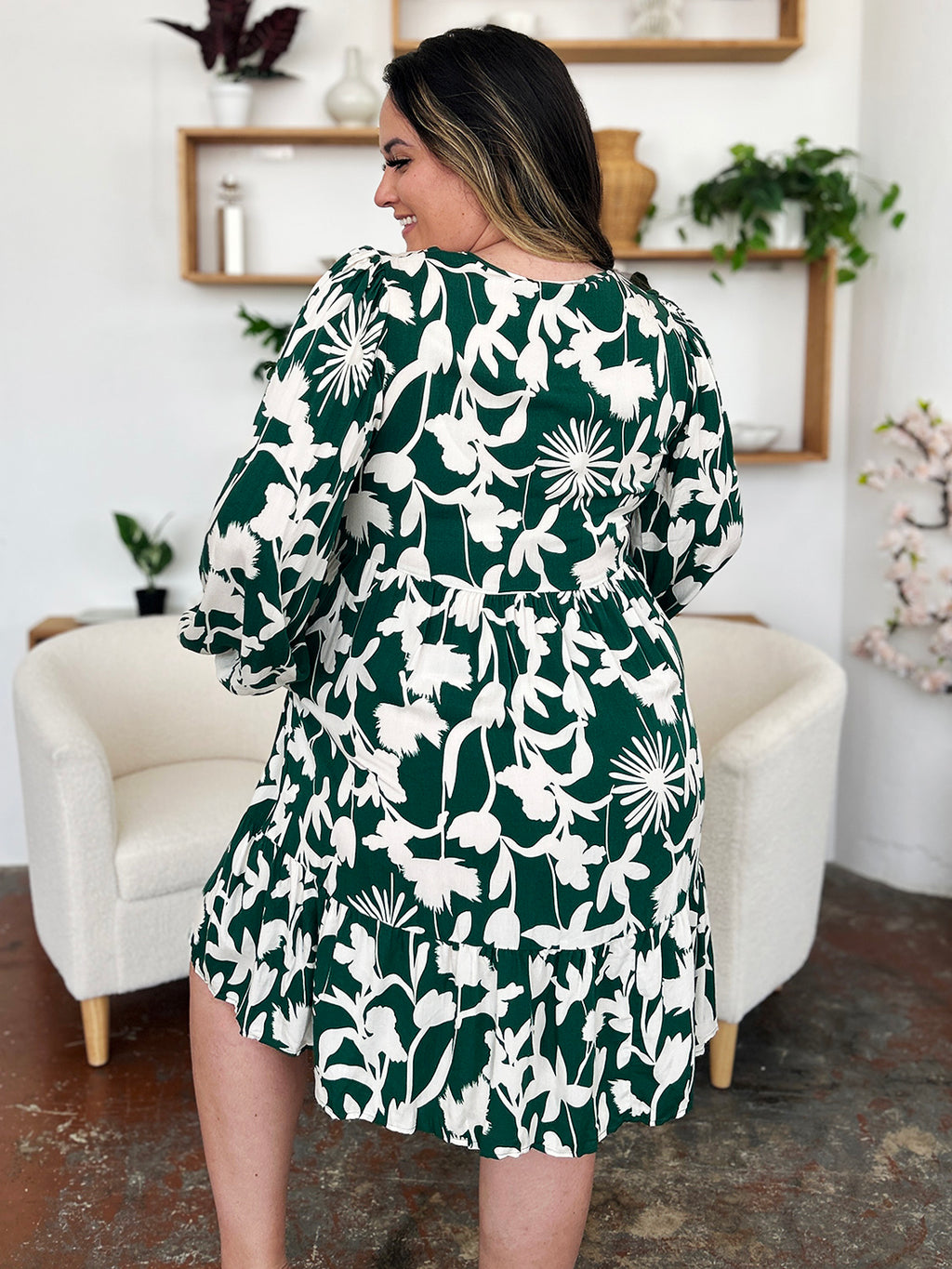 Double Take Full Size Printed Ruffle Hem Dress with Pocket - FabFemina