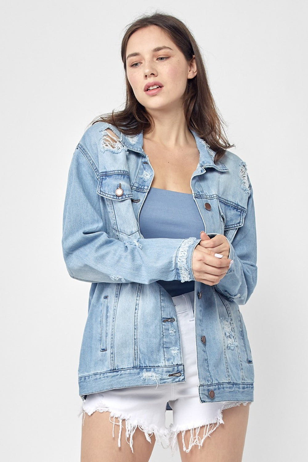 RISEN Full Size Distressed Long Sleeve Denim Jacket - FabFemina