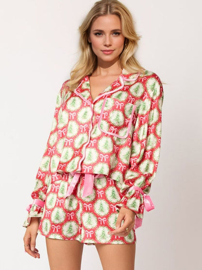 Tied Printed Collared Neck Long Sleeve Top and Shorts Set Christmas