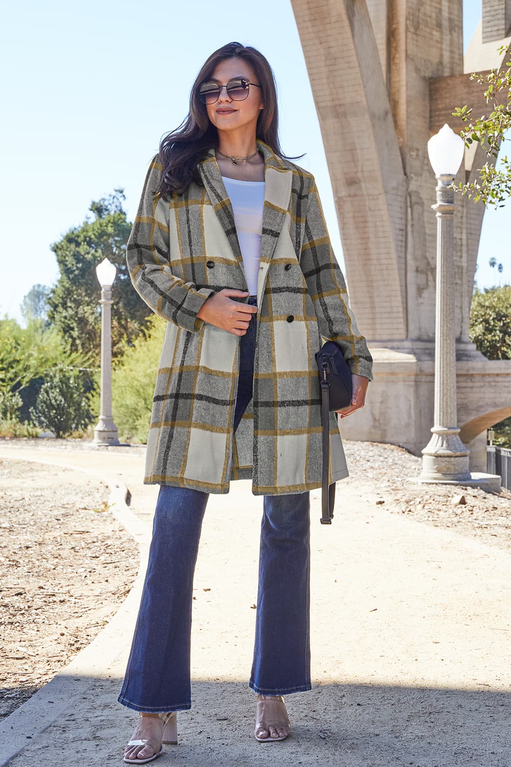 Double Take Full Size Plaid Button Up Lapel Collar Coat - FabFemina