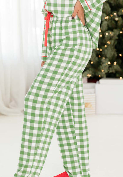 Plaid Collared Neck Long Sleeve Top and Pants Set Christmas