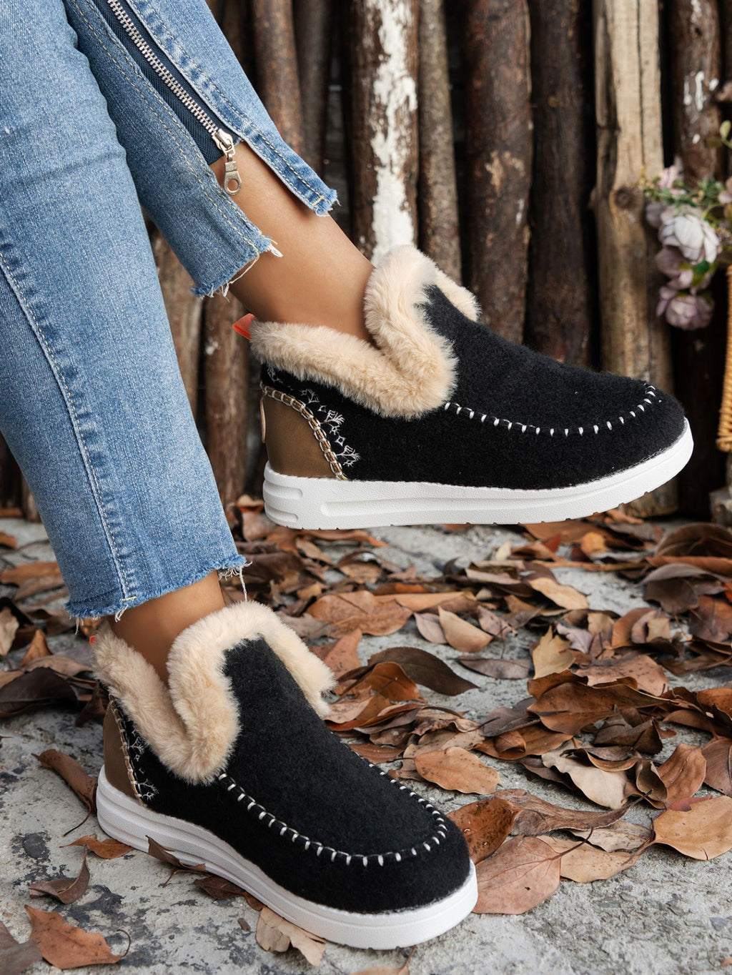 Furry Suede Round Toe Flat Sneakers - FabFemina