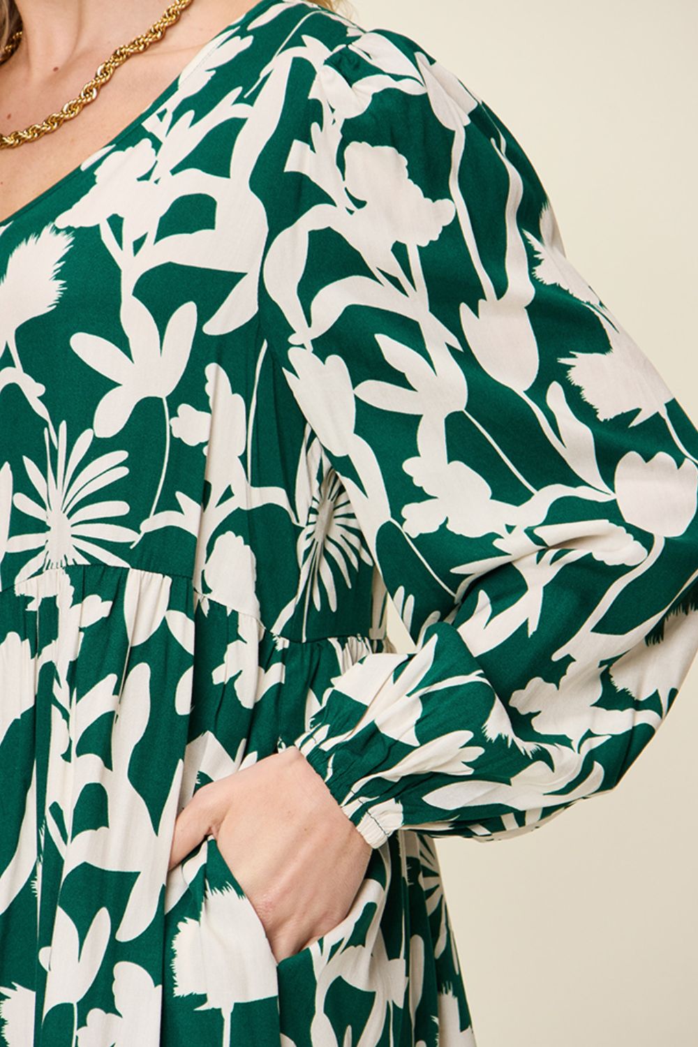 Double Take Full Size Printed Ruffle Hem Dress with Pocket - FabFemina