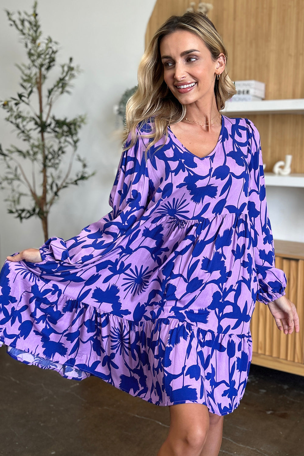 Double Take Full Size Printed Ruffle Hem Dress with Pocket - FabFemina