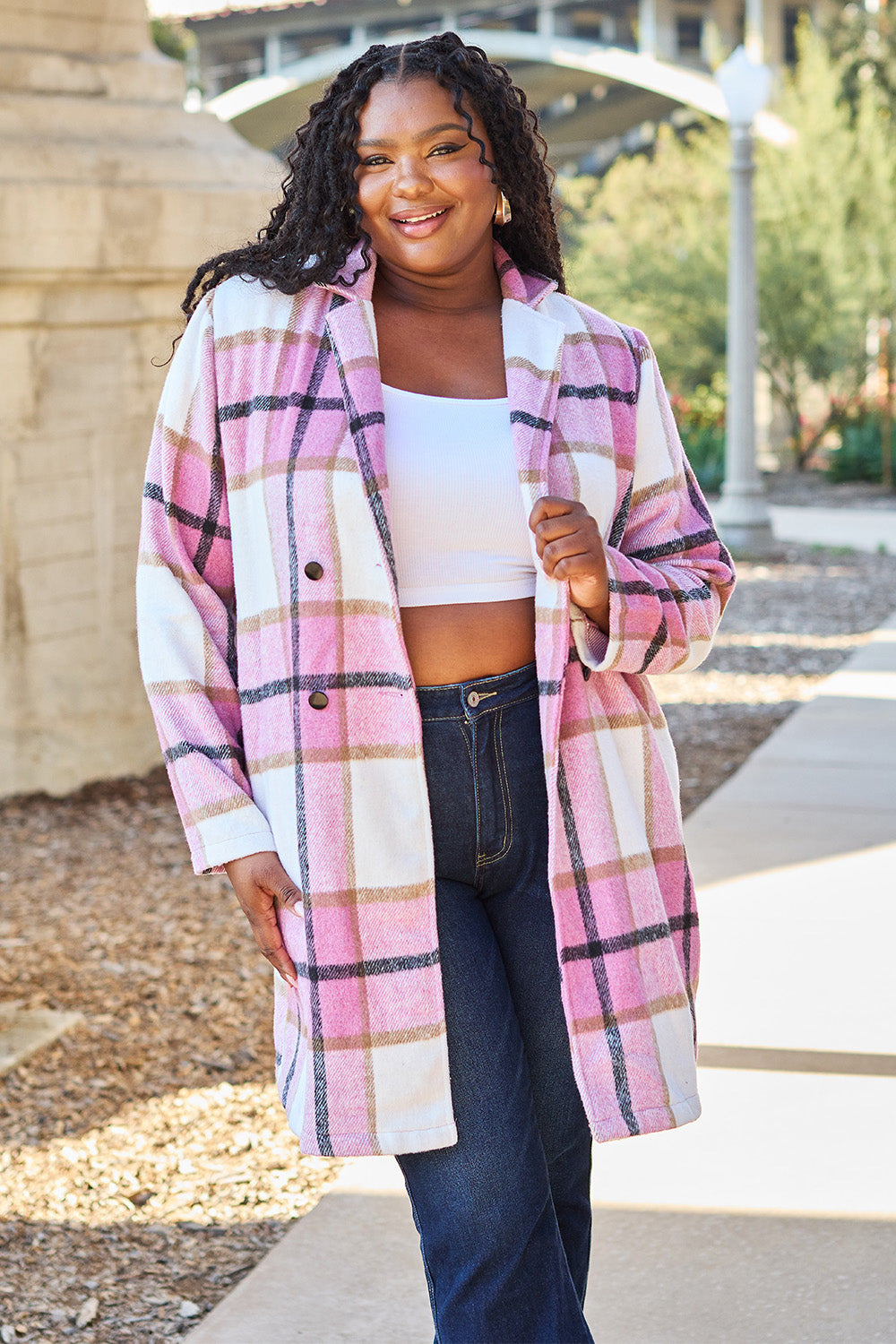 Double Take Full Size Plaid Button Up Lapel Collar Coat - FabFemina