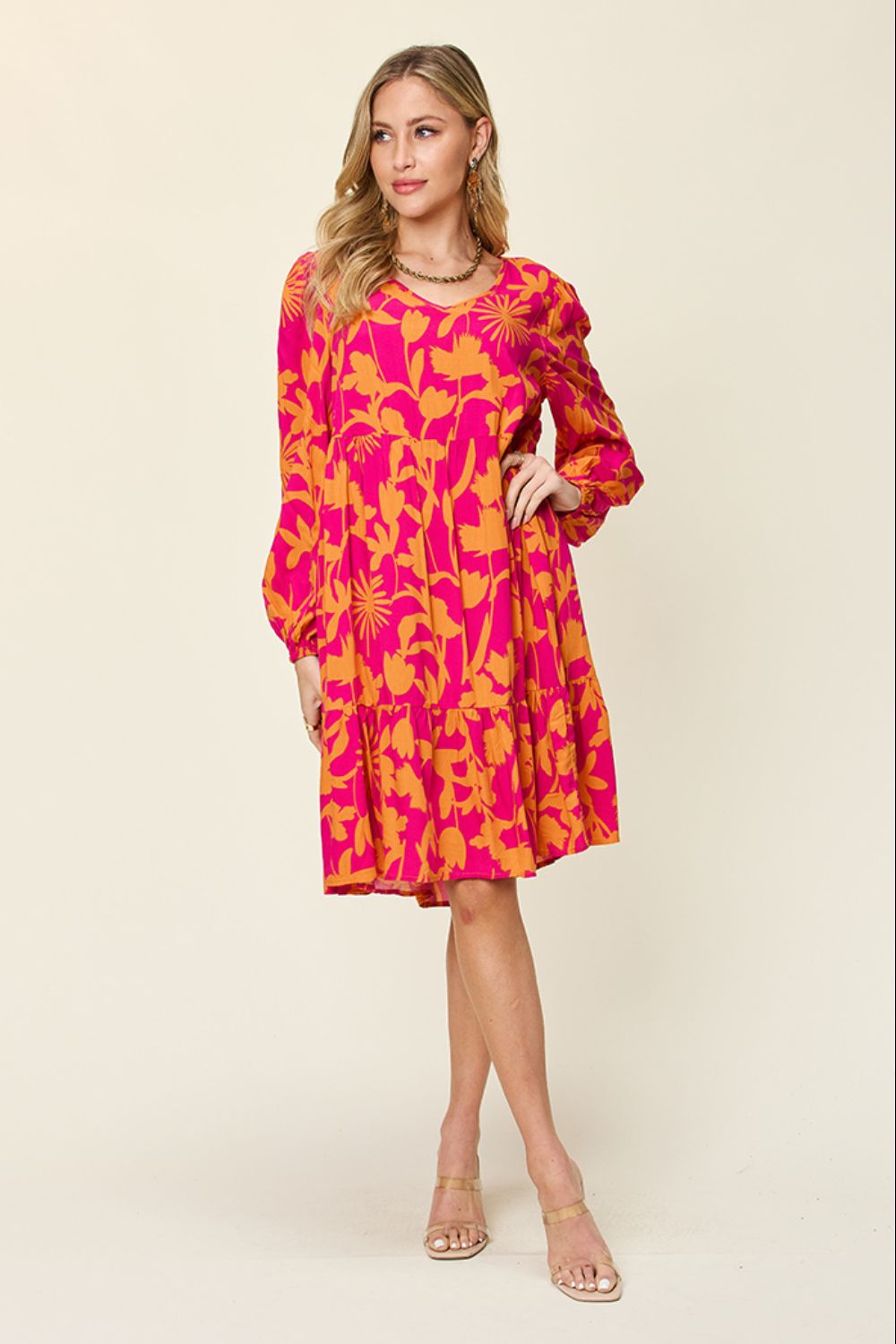 Double Take Full Size Printed Ruffle Hem Dress with Pocket - FabFemina